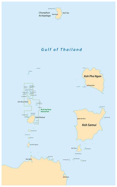 Koh Samui és Koh Pha Ngan szigeteinek térképe a Thaiföldi-öbölben - Vektor, kép