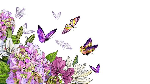 Butterflies and flowers, lilies and hydrangeas, bright full color - Διάνυσμα, εικόνα