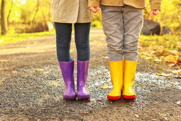 Petits enfants mignons portant des bottes de gomme dans le parc d'automne
 - Photo, image