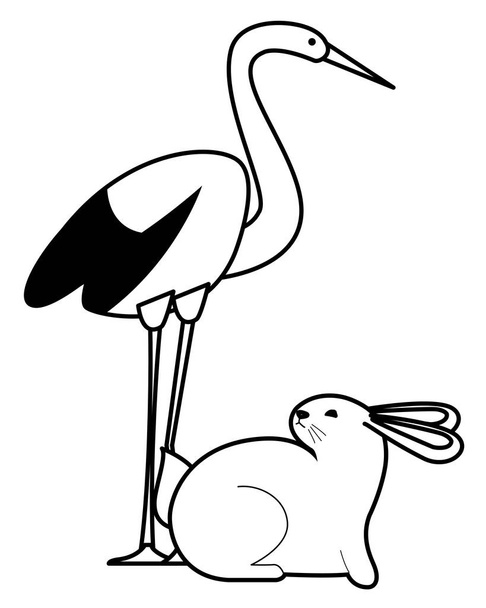 Stork bird and rabbit animals cartoons in black and white - Vector, Image