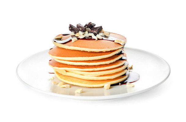 Plate with stack of tasty pancakes on white background - Photo, Image