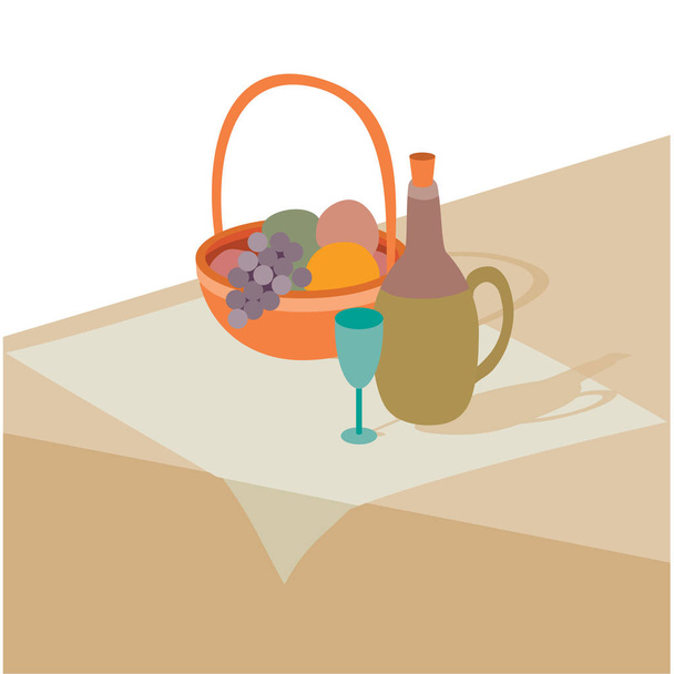 asetelma hedelmäkori viinilasit ja pullot viiniä seisoo ruskea tausta, vektori kuva
 - Vektori, kuva