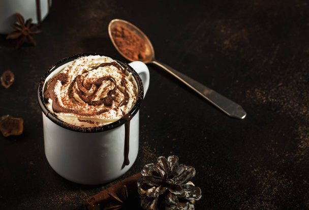 Vintage mug of hot chocolate with cinnamon sticks and marshmallows on dark background - Фото, зображення