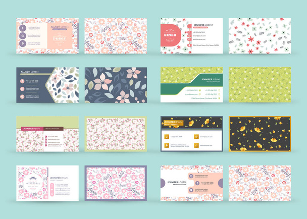 Set of double-sided horizontal business card templates with cute floral background. Vector illustration. Stationery design. - Vector, Image