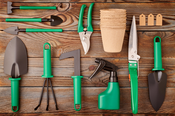 Puutarhanhoito työkaluja puinen tausta tasainen lay
 - Valokuva, kuva