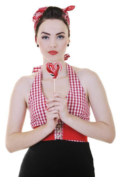 Happy woman with lollipop isolated on white - Photo, Image