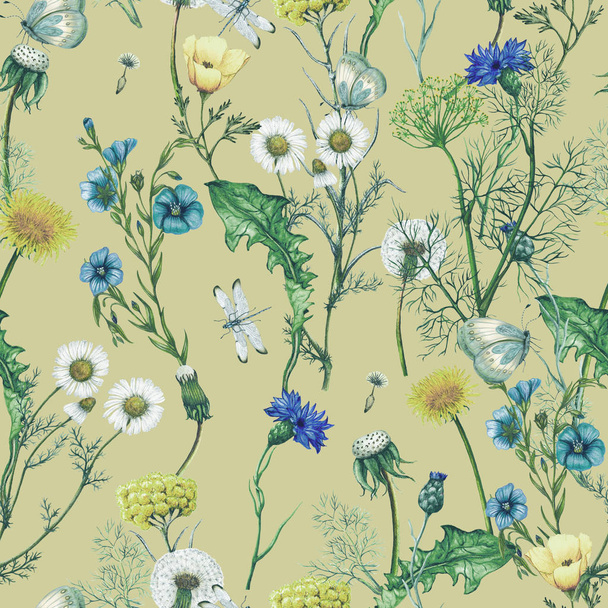Aquarell nahtloses Muster handgezeichneter Wildblumen, nahtloses botanisches Muster, Aquarell florales Muster - Foto, Bild