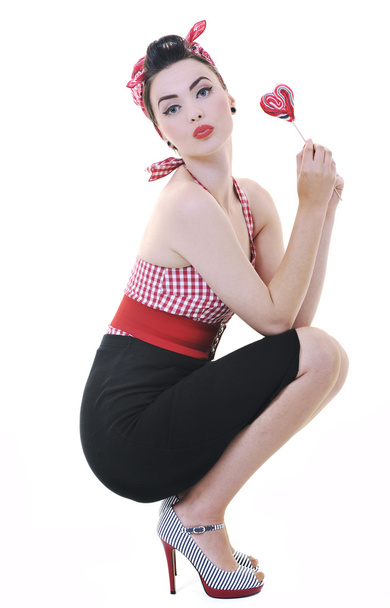 Happy woman with lollipop isolated on white - Zdjęcie, obraz
