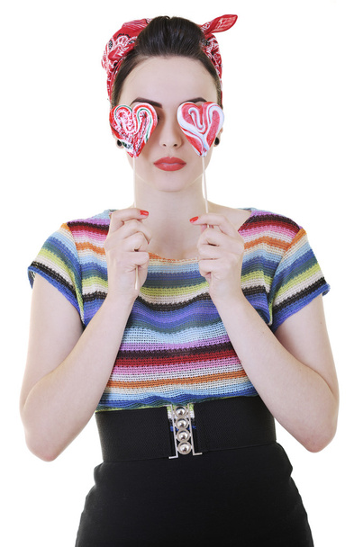 Happy woman with lollipop isolated on white - Фото, изображение