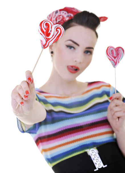 Happy woman with lollipop isolated on white - Photo, image
