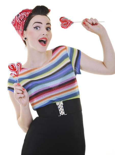 Happy woman with lollipop isolated on white - Foto, afbeelding