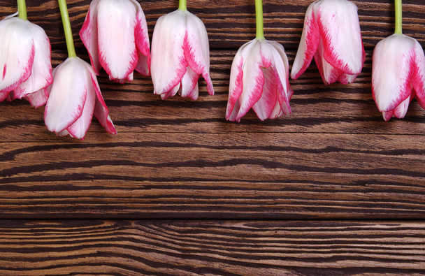 Pink tulipas monte em pranchas de madeira fundo
 - Foto, Imagem