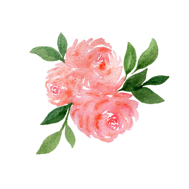 ροζ τριαντάφυλλο λουλούδι μπουκέτο απομονωμένο σε λευκό, ακουαρέλα floral διακόσμηση, τριαντάφυλλο floral σχέδιο για την ημέρα του Αγίου Βαλεντίνου ή την ημέρα της μητέρας - Φωτογραφία, εικόνα