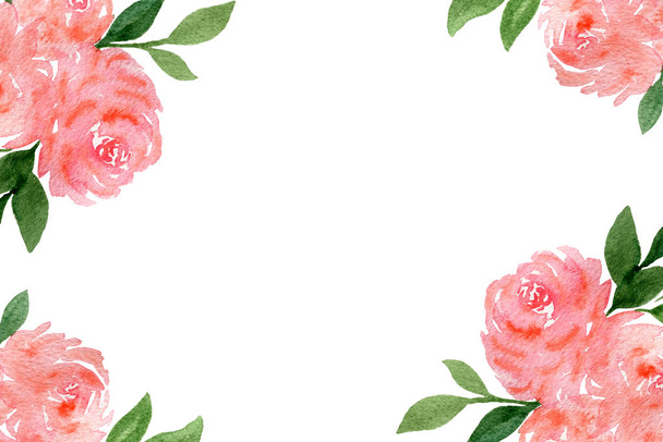 floral border with pink roses bouquet and copy space for text, watercolor flower decoration for card or invitation - Photo, Image