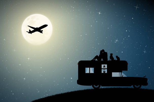  Lovers and pets on roof of retro car on moonlit night - Vector, Image