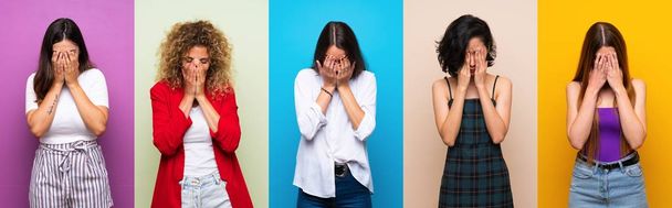Set of women over isolated colorful background with tired and sick expression - Photo, Image