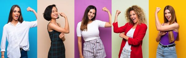 Conjunto de mulheres sobre fundo colorido isolado fazendo gesto forte
 - Foto, Imagem