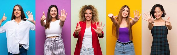 Set di donne su sfondo colorato isolato contando sei con le dita
 - Foto, immagini