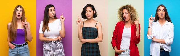 Set of women over isolated colorful background thinking an idea pointing the finger up - Photo, Image