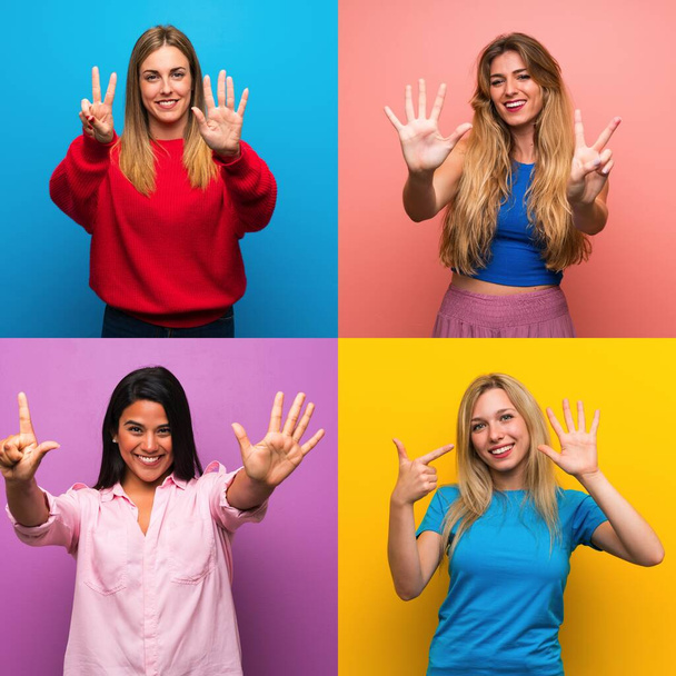 Conjunto de mulheres sobre fundos isolados contando sete com os dedos
 - Foto, Imagem