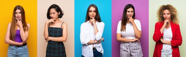 Set of women over isolated colorful background thinking - Фото, изображение