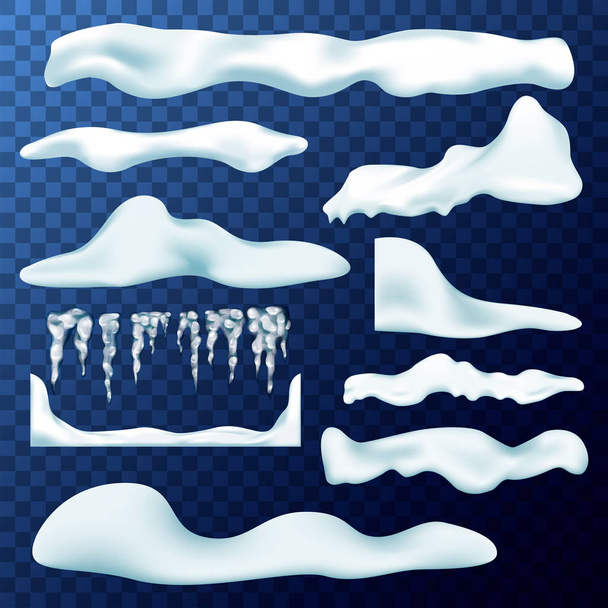 Wektorowy zestaw pokryw śniegowych, sopli lodowych, śnieżnych i zaspy śnieżnej  - Wektor, obraz