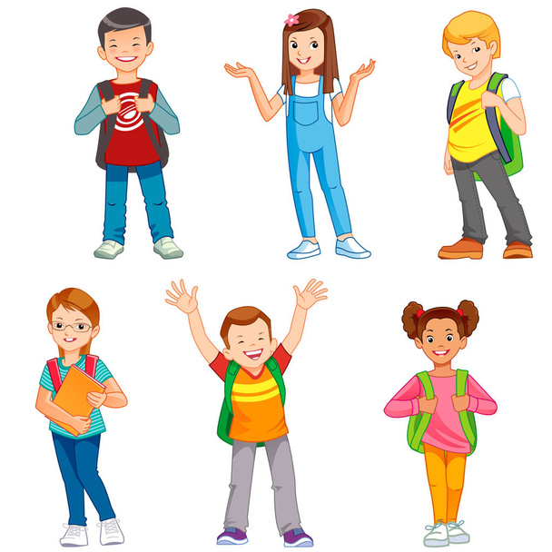Pupils with school backpacks. Set of kids with school supplies. School kids with books. Education cartoon vector isolated illustration - Vector, Image