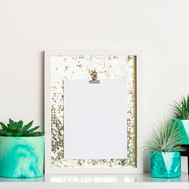 Lifestyle home decoration with frame with place for text and succulents - Photo, Image