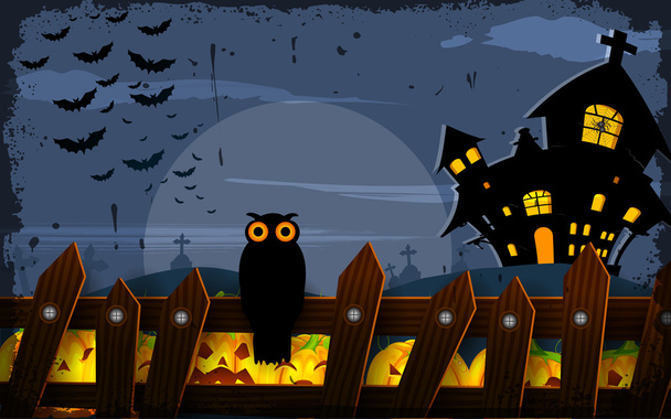 Owl sitting on fence in Halloween Night - Vektor, Bild