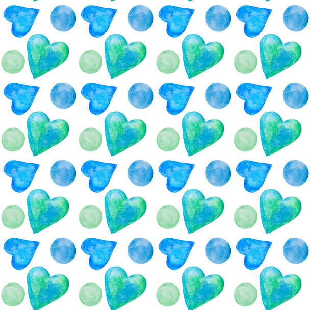 Set of blue abstract watercolour hearts, hand drawn seamless pattern. - Photo, image