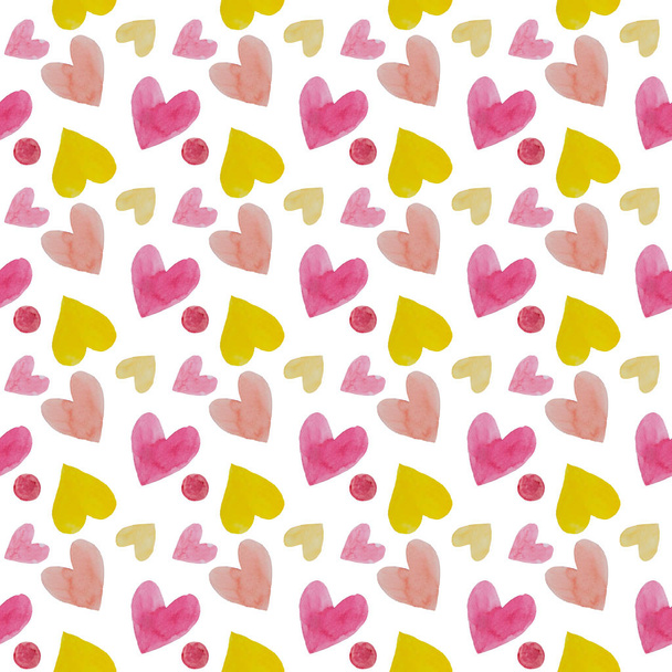 Valentine's Day hearts, watercolor hand painting pink and yellow seamless pattern. - Photo, image