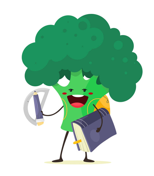 Cheerful broccoli, apprentice with a pencil, protractor and book. School bag. Vector isolate in cartoon flat style on a white background. Back to school. - Vector, Image