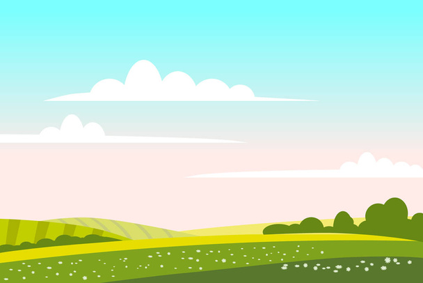 Campo paisaje verde colina. Panorama naturaleza campos cielo azul nubes sol rural. Árbol verde y pasto tierras rurales. Dibujos animados planos de moda vector de estilo ilustración
 - Vector, imagen