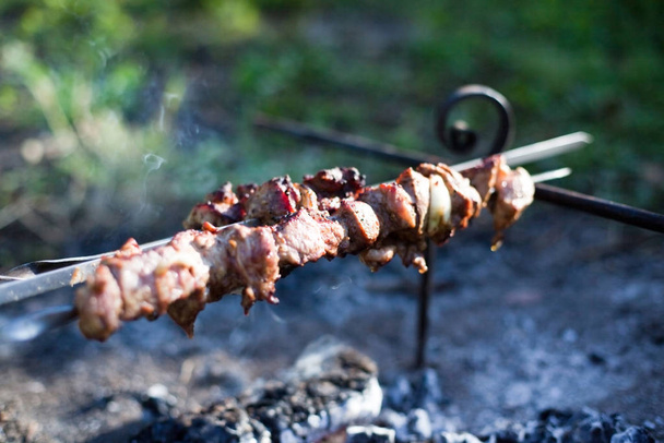 the shish kebab is cooked on the fire - Foto, afbeelding