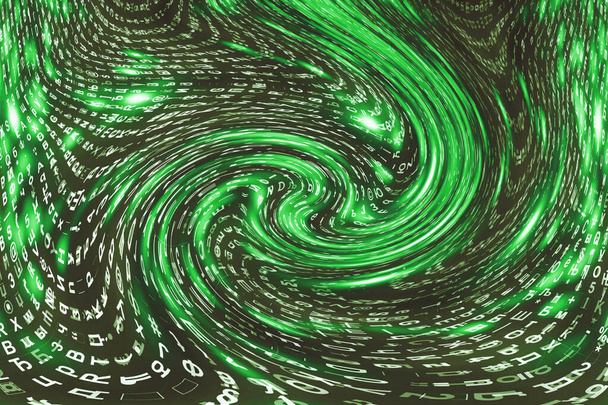 Green matrix digital background. Distorted cyberspace concept. Characters fall down in wormhole. Hacked matrix. Virtual reality design. Complex algorithm data hacking. Green digital sparks. - Photo, Image