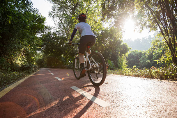 Vista trasera de la mujer ciclismo en carril bici en el parque al amanecer
. - Foto, imagen