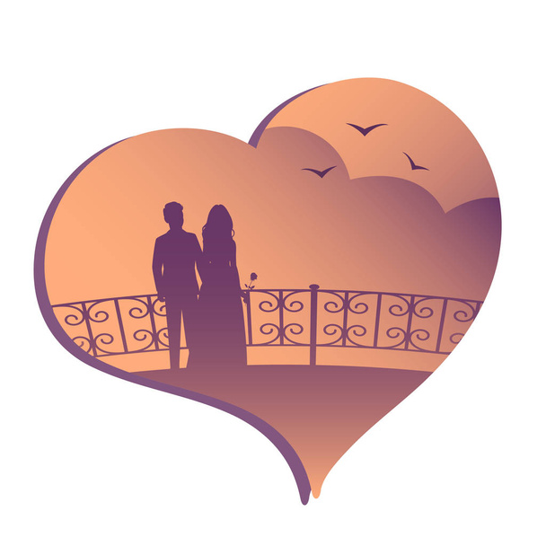 Silhouette of a couple in love on the promenade with a romantic  - Vector, Image
