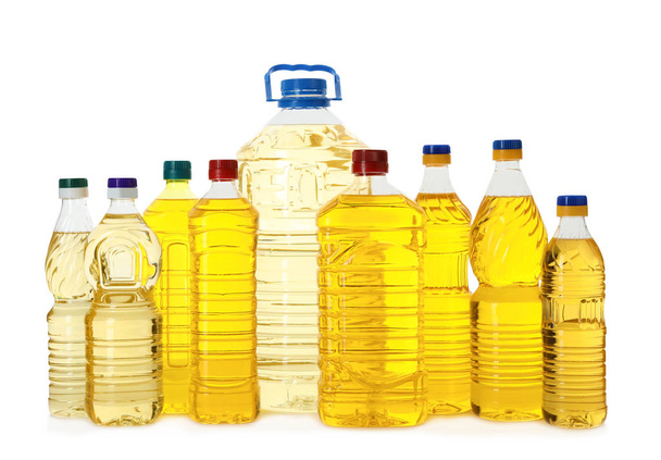 Cooking oil in different bottles isolated on white - Φωτογραφία, εικόνα