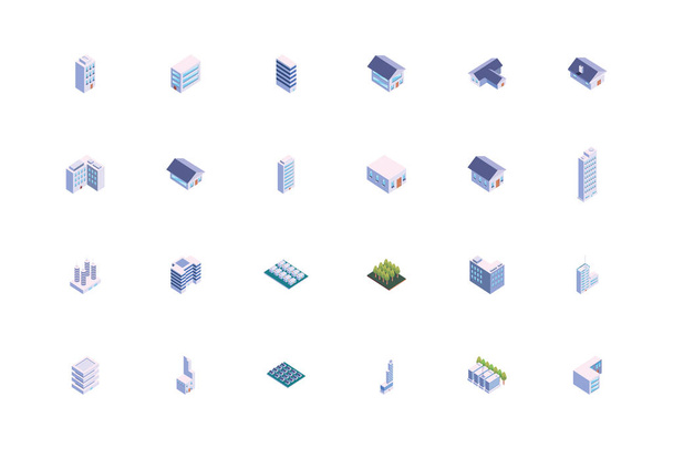 Bâtiments isométriques isolés de la ville blanche ensemble vectoriel design
 - Vecteur, image