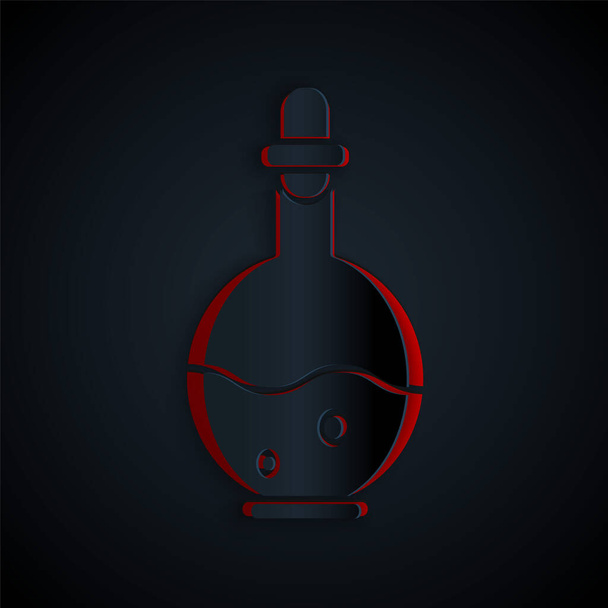Paper cut Glass bottle with magic elixir icon isolated on black background. Computer game asset. Paper art style. Vector Illustration - Vector, Image