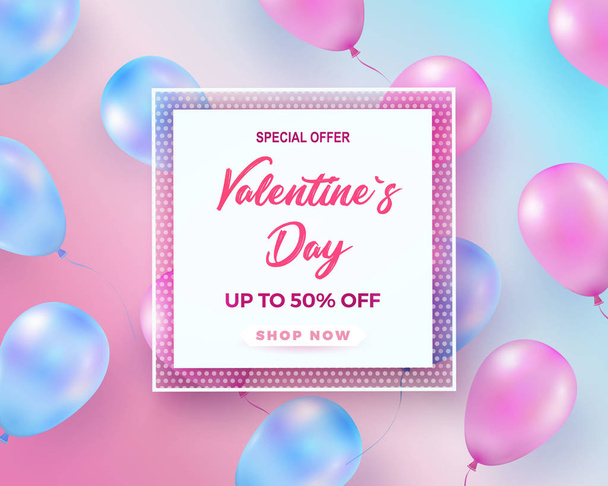 Festive background with helium balloons. Celebrate Valentine s Day, Birthday, Poster, Anniversary Banner, Sale. Realistic decorative design elements. 3d object Ballon with ribbon, pink and blue pearl - Vector, Image