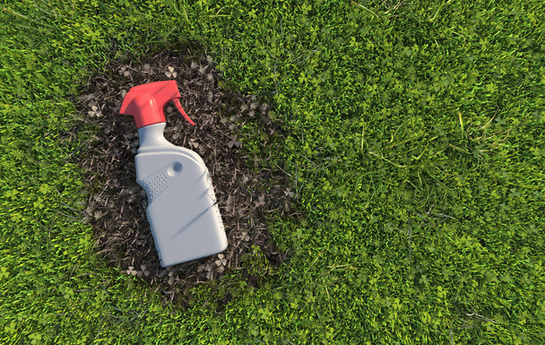 A used plastic bottle lies on wilted grass, polluting the soil and destroying plants. Environmental pollution by toxic waste. Conceptual creative illustration with copy space. 3D rendering - Photo, Image