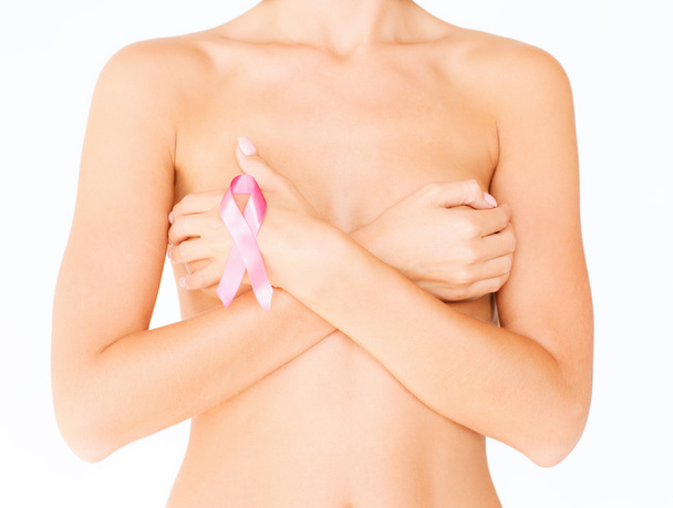 Naked woman with breast cancer awareness ribbon - Фото, изображение