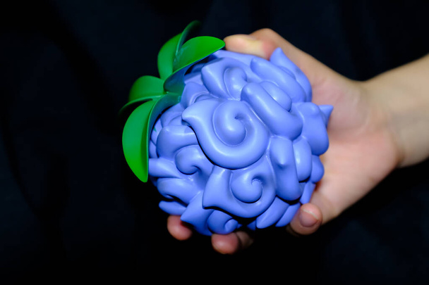 blue color toy fruit model display in hand on black background - Photo, Image
