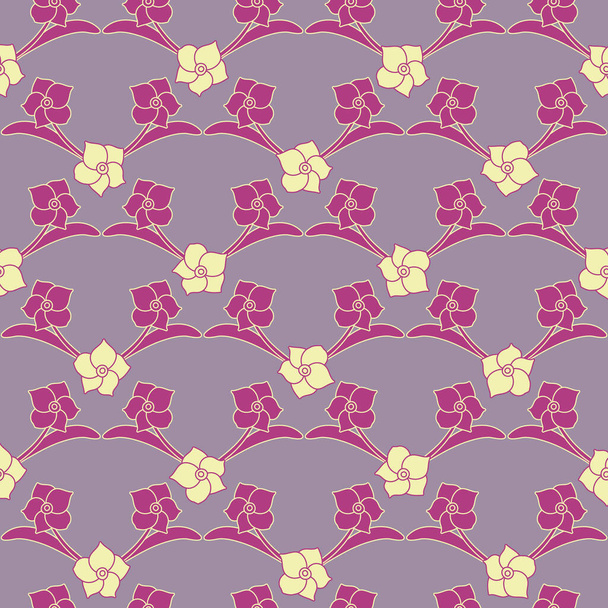 bezszwowy wzór wektor z prostym fioletowy kolorowy żonkil kwiaty w geometrycznym układzie - Wektor, obraz