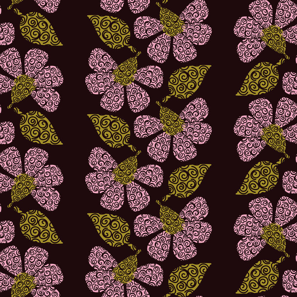 zökkenőmentes vektor minta függőleges csíkok dekoratív rózsaszín virágok és zöld levelek sötét alapon - Vektor, kép