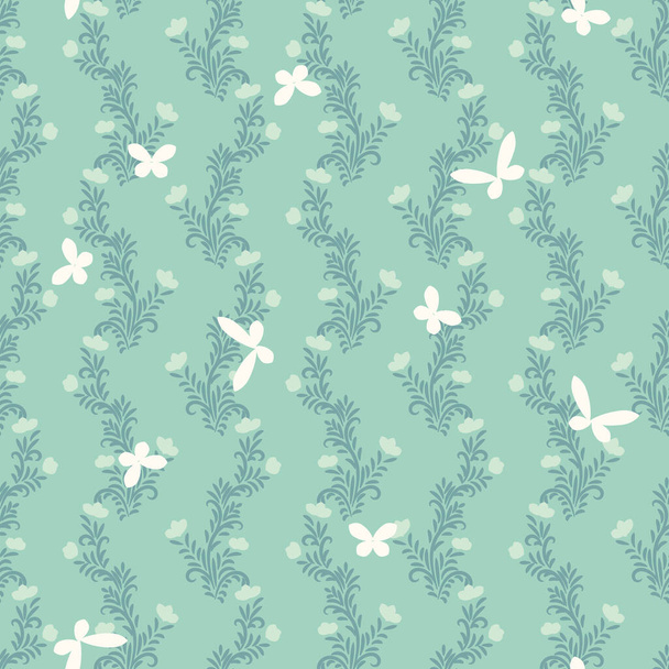 seamless vector pattern with btterflies and floral ornament in palemint green colors - Vektor, Bild