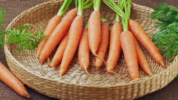 Mazzo di carote fresche nel cestino, ortaggio a radice
. - Filmati, video