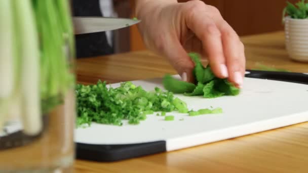 Chopping mint leaves on cutting board - Кадри, відео