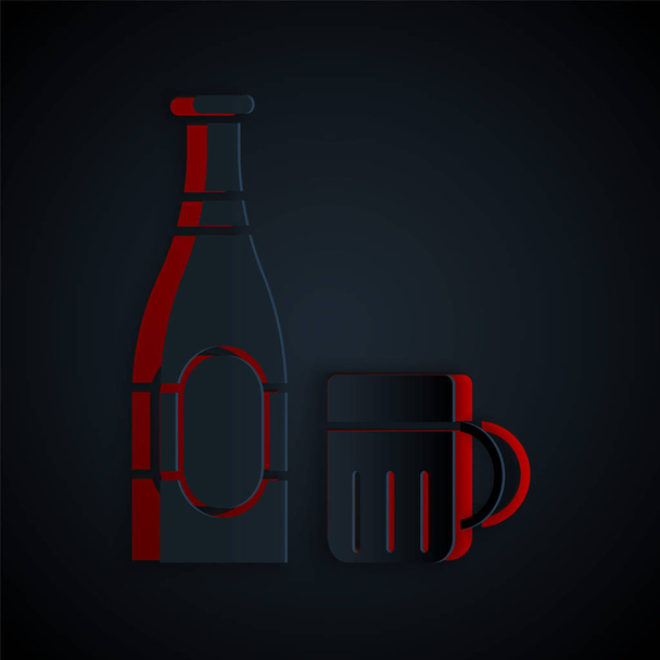 Papel corte botella de cerveza y vidrio icono aislado sobre fondo negro. Alcohol Símbolo de bebida. Estilo de arte de papel. Ilustración vectorial
 - Vector, imagen